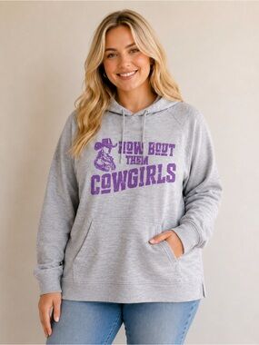 Sport-Tek Heather Gray Hoodie with Purple “How ‘Bout Them Cowgirls” Graphic